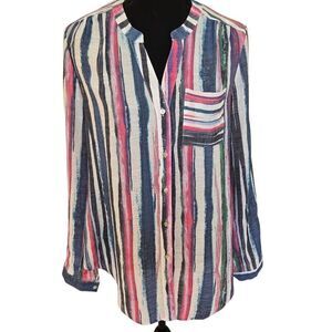 Juniper + Lime Womens Striped Button Front Long Sleeve Blouse Multicolor Small
